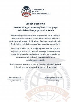 Drodzy Uczniowie Akademickiego Liceum Ogólnokształcącego z Oddziałami Dwujęzycznymi w Kutnie